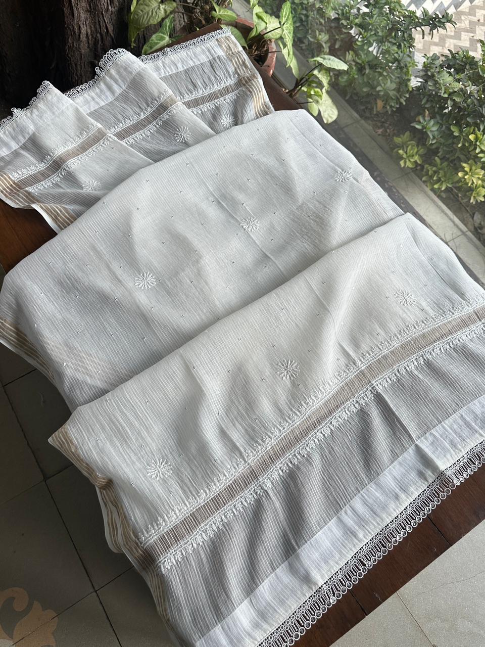 White Shade Malmal Pearl Work Chikankari Kurta With Dupatta