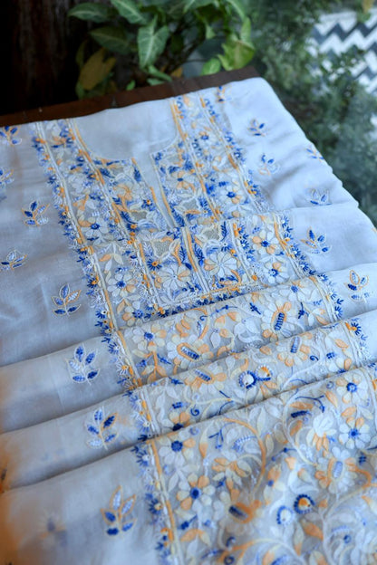 White Shade Organza Silk Chikankari Unstitched Fabric