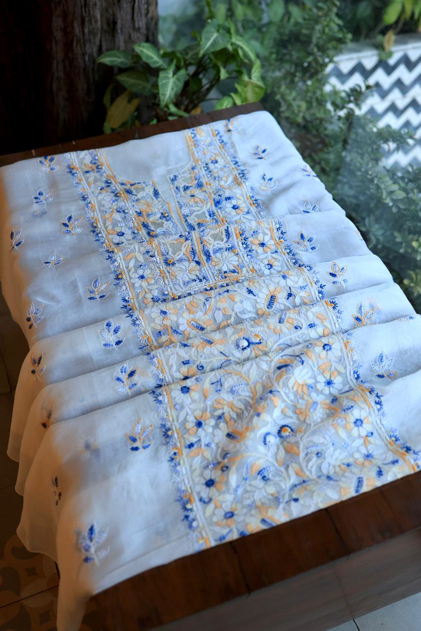 White Shade Organza Silk Chikankari Unstitched Fabric