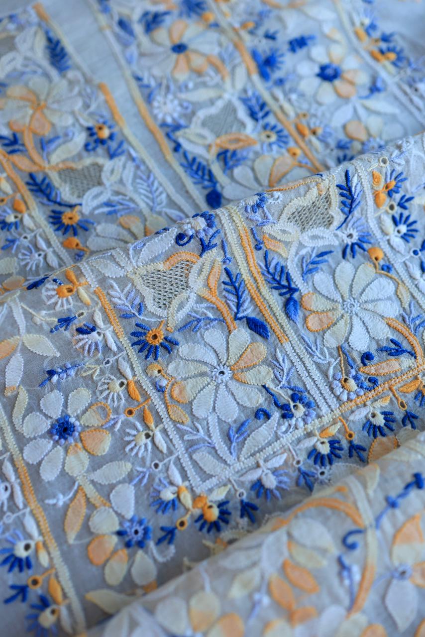 White Shade Organza Silk Chikankari Unstitched Fabric
