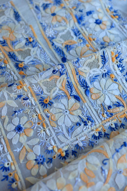 White Shade Organza Silk Chikankari Unstitched Fabric