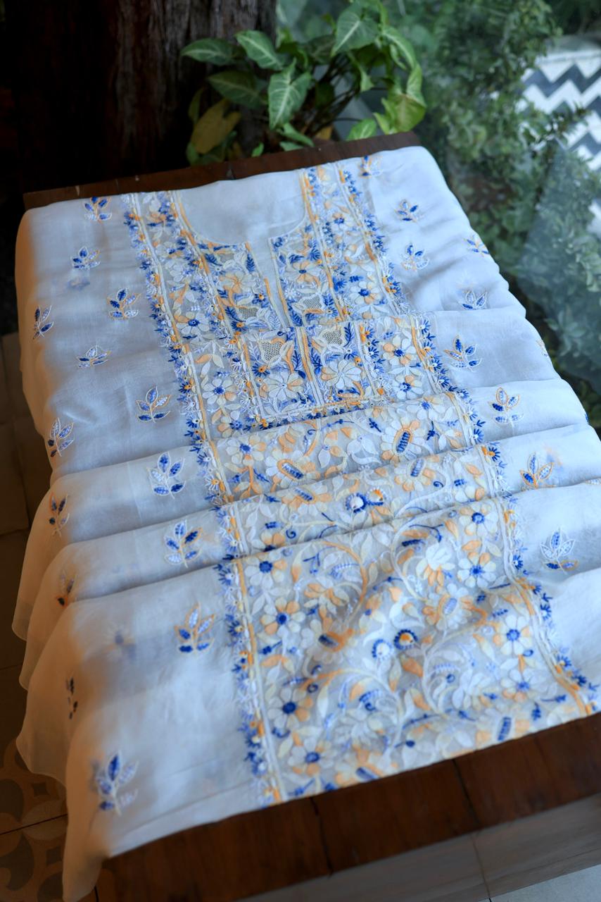 White Shade Organza Silk Chikankari Unstitched Fabric