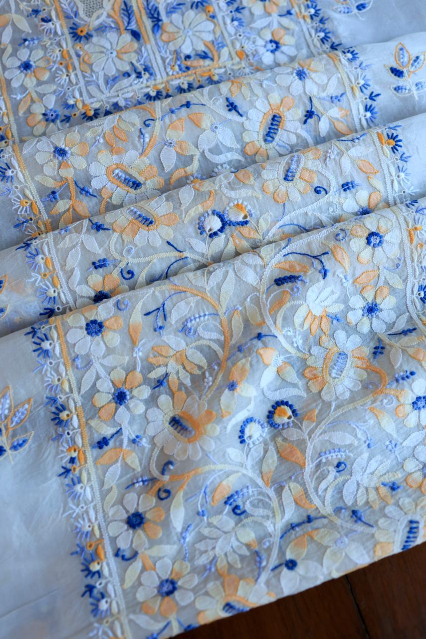 White Shade Organza Silk Chikankari Unstitched Fabric