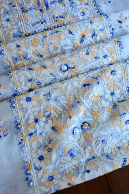 White Shade Organza Silk Chikankari Unstitched Fabric