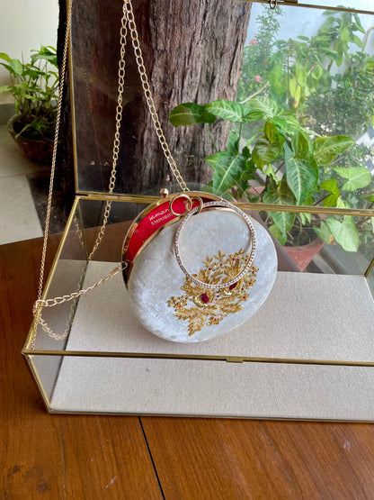 White Shade Velvet Ari Mukaish Zardosi Round Sling Bag