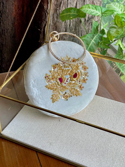 White Shade Velvet Ari Mukaish Zardosi Round Sling Bag