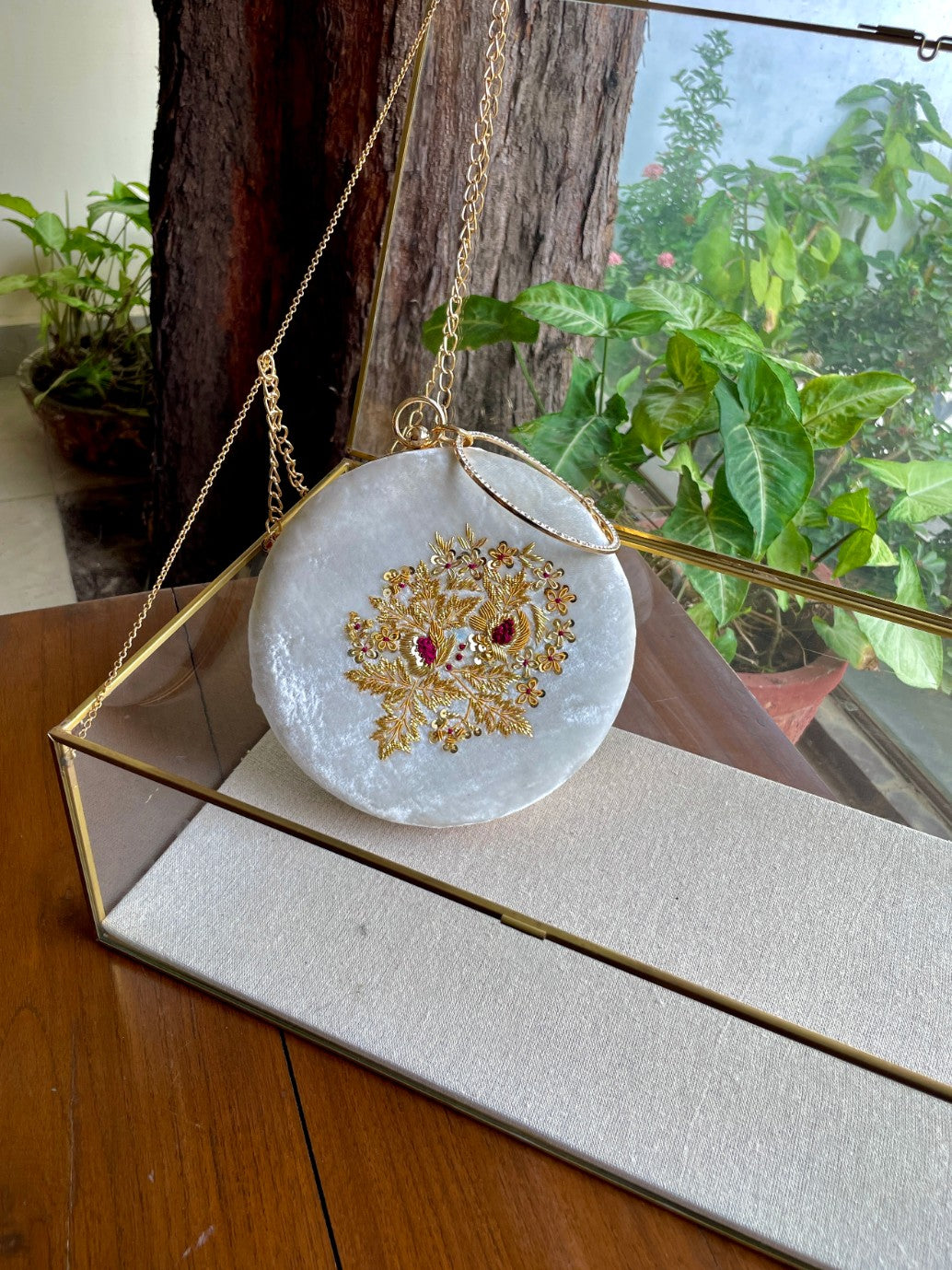 White Shade Velvet Ari Mukaish Zardosi Round Sling Bag