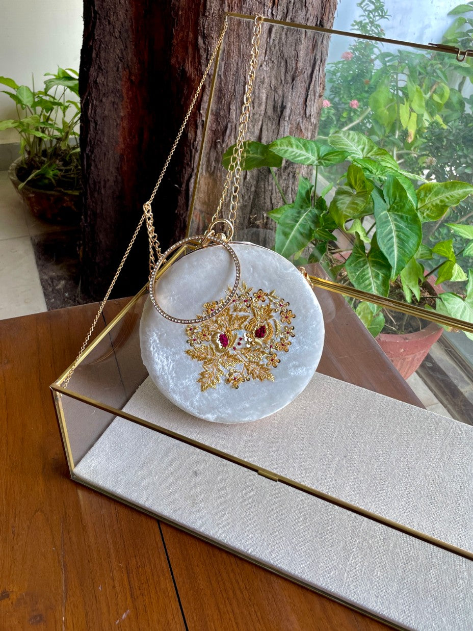 White Shade Velvet Ari Mukaish Zardosi Round Sling Bag