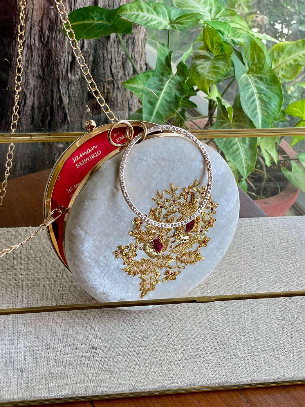 White Shade Velvet Ari Mukaish Zardosi Round Sling Bag