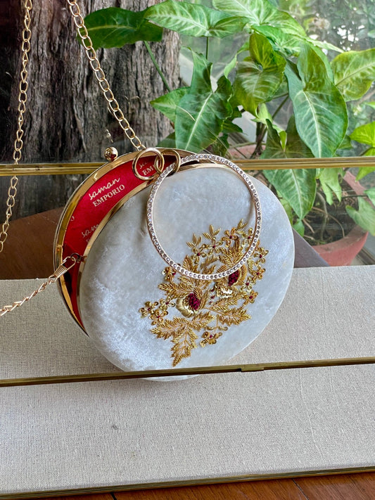 White Shade Velvet Ari Mukaish Zardosi Round Sling Bag