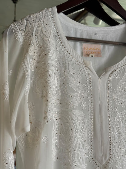 White Viscose Georgette Chikankari Mukaish Kamdani Straight Kurta