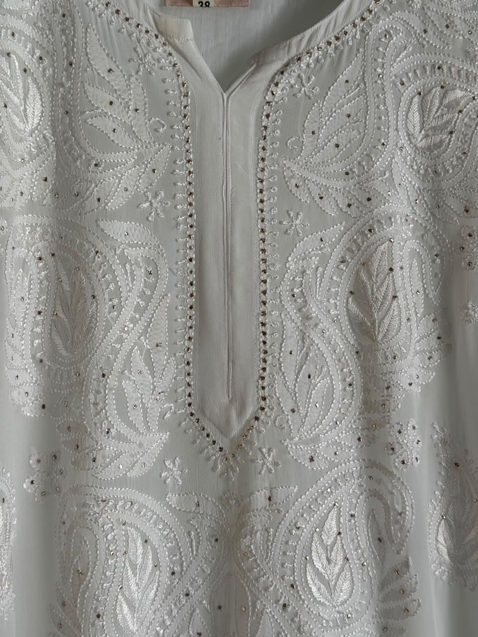 White Viscose Georgette Chikankari Mukaish Kamdani Straight Kurta