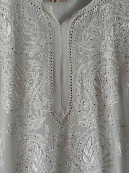 White Viscose Georgette Chikankari Mukaish Kamdani Straight Kurta
