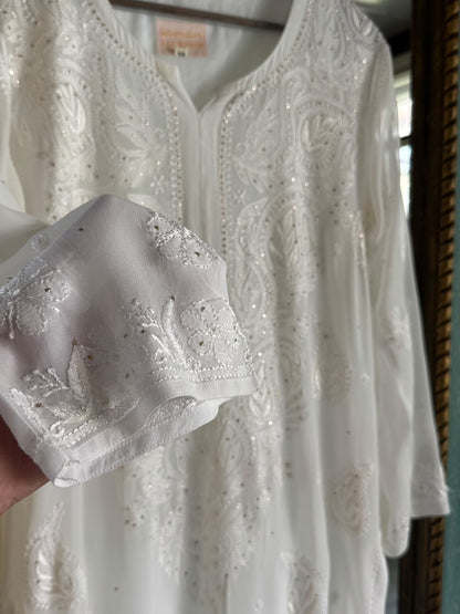 White Viscose Georgette Chikankari Mukaish Kamdani Straight Kurta