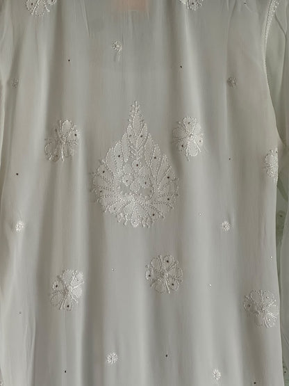 White Viscose Georgette Chikankari Mukaish Kamdani Straight Kurta