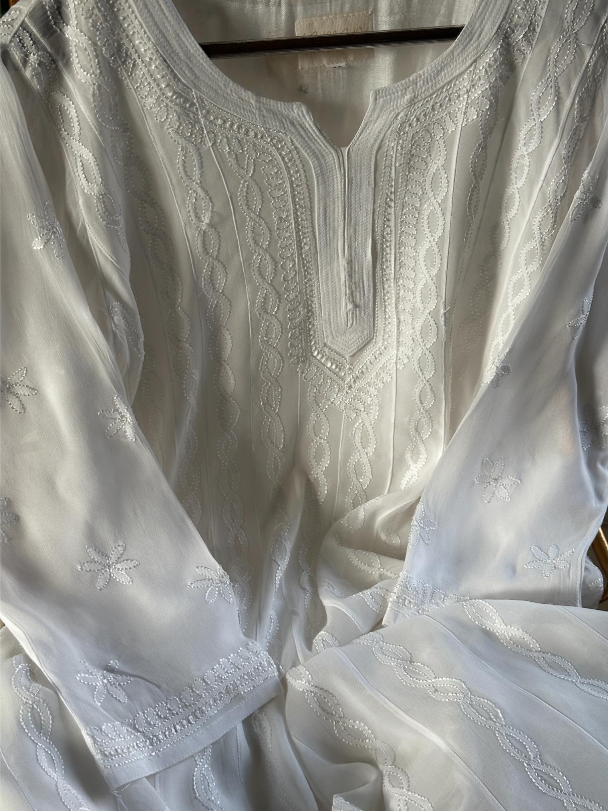 White Viscose Georgette Chikankari Ready to Wear Kurta