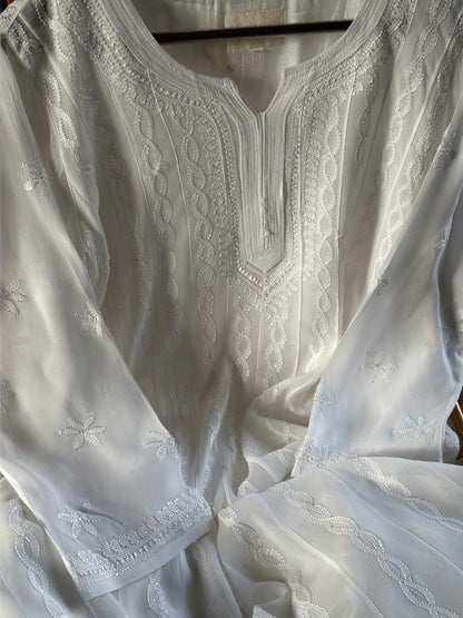 White Viscose Georgette Chikankari Ready to Wear Kurta