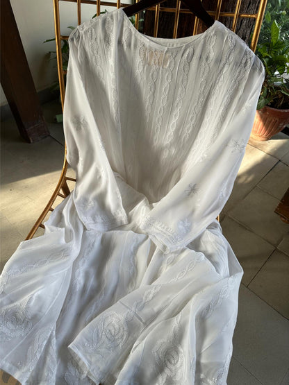 White Viscose Georgette Chikankari Ready to Wear Kurta