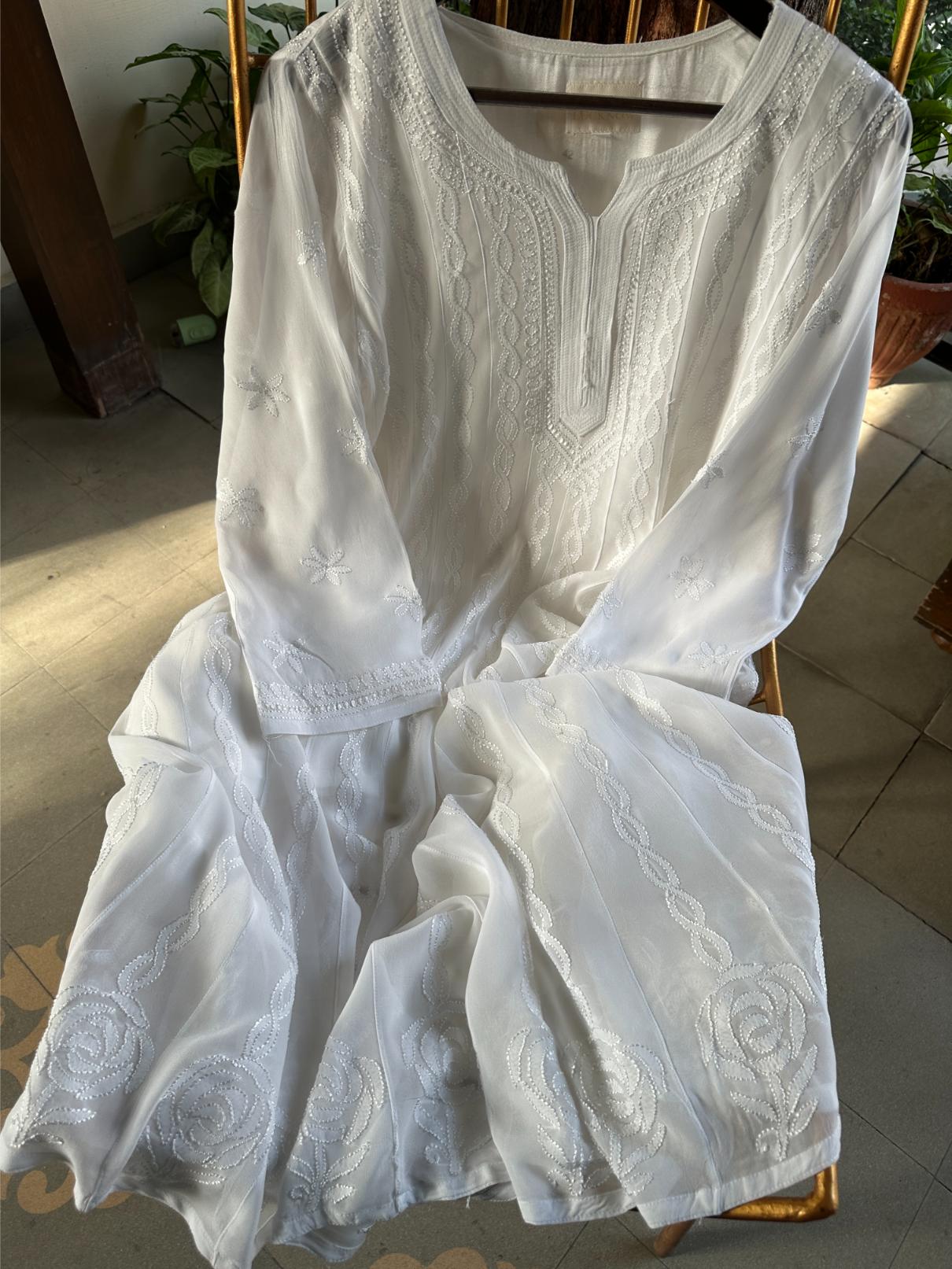 White Viscose Georgette Chikankari Ready to Wear Kurta