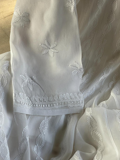 White Viscose Georgette Chikankari Ready to Wear Kurta