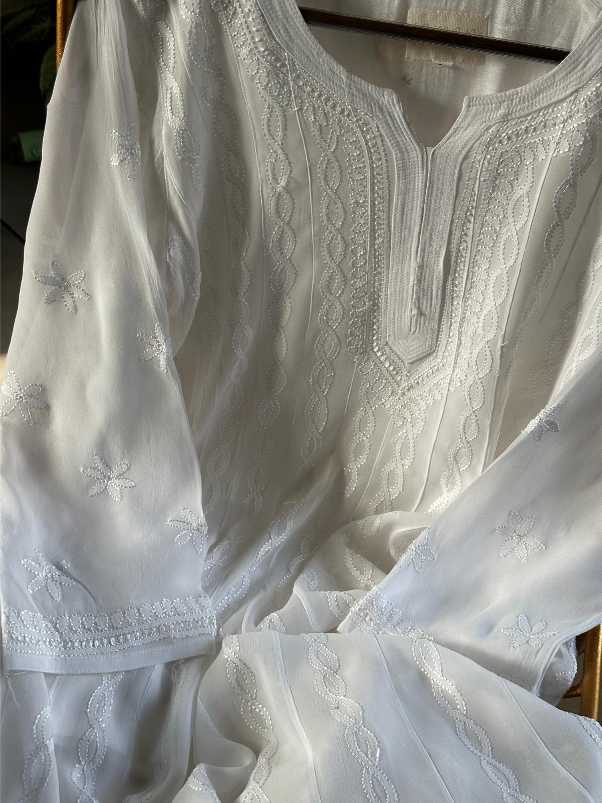 White Viscose Georgette Chikankari Ready to Wear Kurta