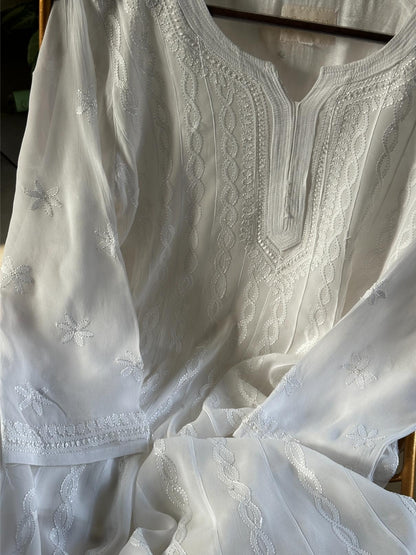 White Viscose Georgette Chikankari Ready to Wear Kurta