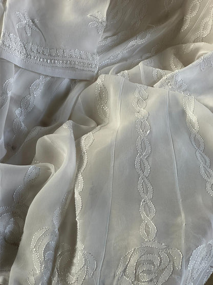 White Viscose Georgette Chikankari Ready to Wear Kurta