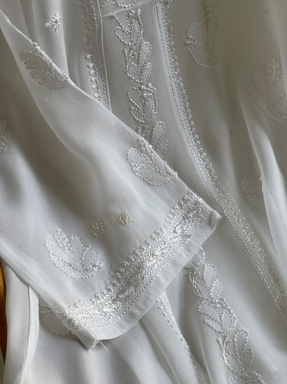 White Viscose Georgette Shadow Work Chikankari Short A-Line Kurti