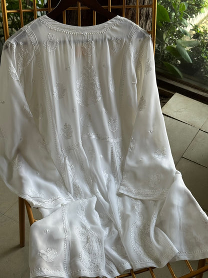 White Viscose Georgette Shadow Work Chikankari Short A-Line Kurti