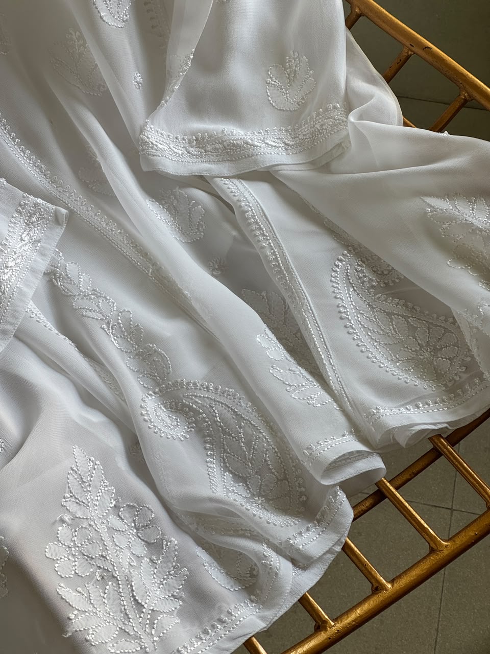 White Viscose Georgette Shadow Work Chikankari Short A-Line Kurti