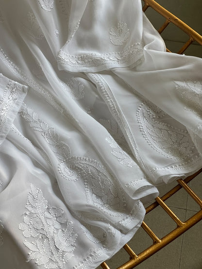 White Viscose Georgette Shadow Work Chikankari Short A-Line Kurti