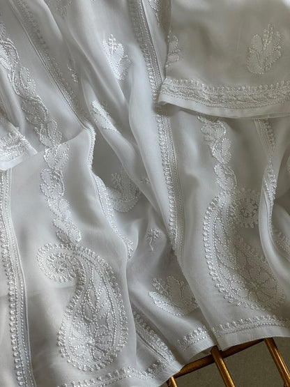 White Viscose Georgette Shadow Work Chikankari Short A-Line Kurti