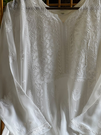 White Viscose Georgette Shadow Work Chikankari Short A-Line Kurti