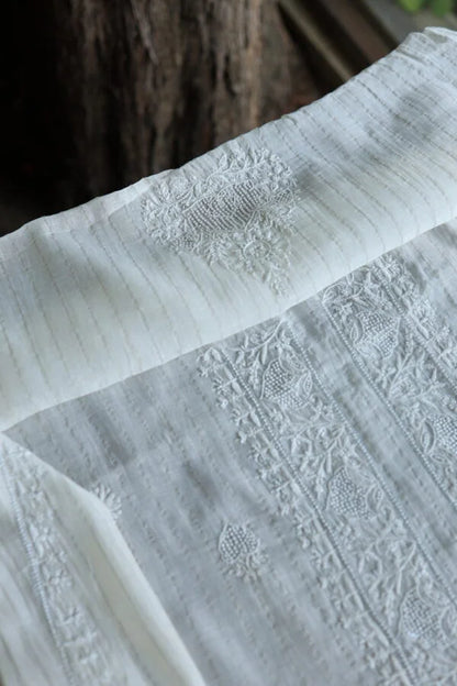 White Zari Chanderi Unisex Chikankari Unstitched Men’s Kurta Fabric