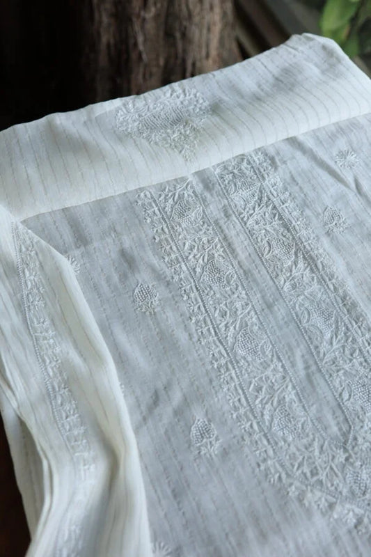 White Zari Chanderi Unisex Chikankari Unstitched Men’s Kurta Fabric