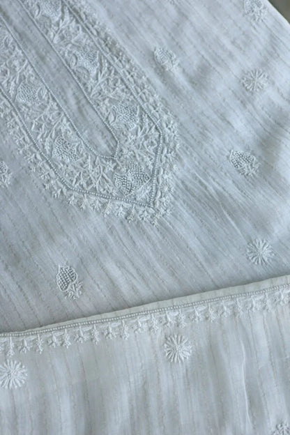 White Zari Chanderi Unisex Chikankari Unstitched Men’s Kurta Fabric