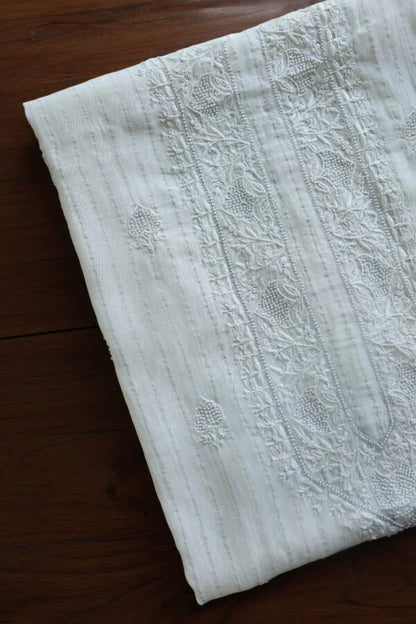 White Zari Chanderi Unisex Chikankari Unstitched Men’s Kurta Fabric
