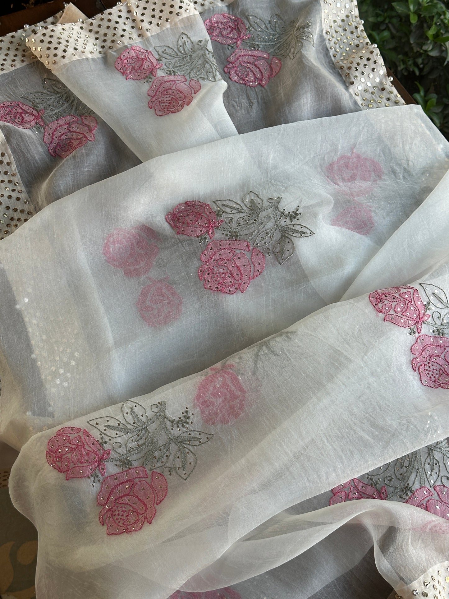White & Pink Noor Organza Rose Motif Chikankari Dupatta