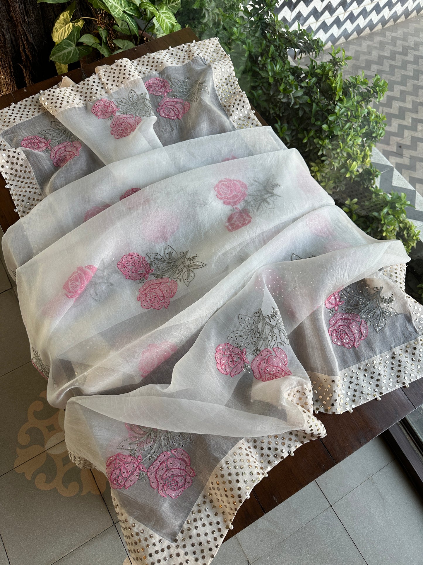 White & Pink Noor Organza Rose Motif Chikankari Dupatta