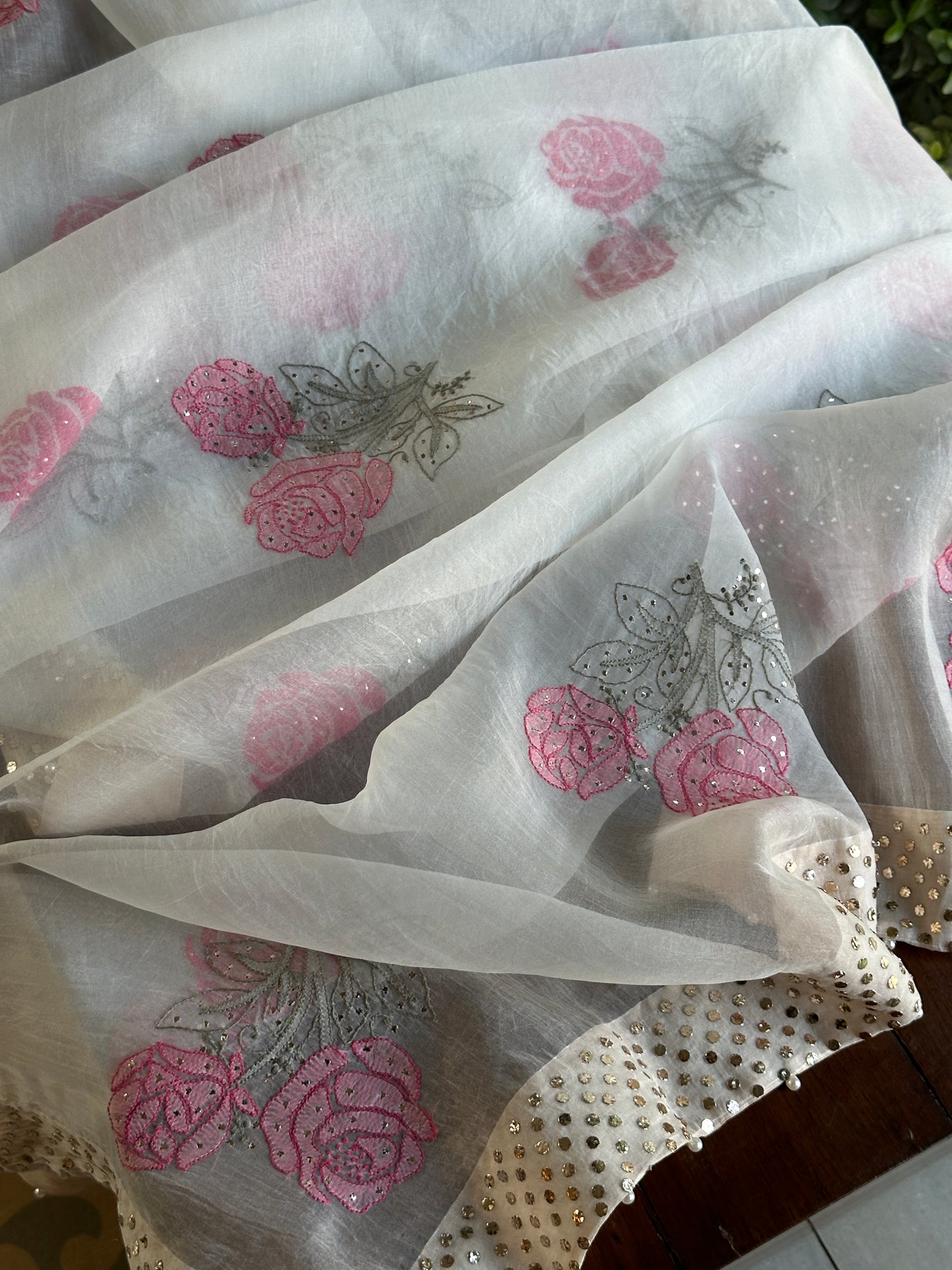 White & Pink Noor Organza Rose Motif Chikankari Dupatta