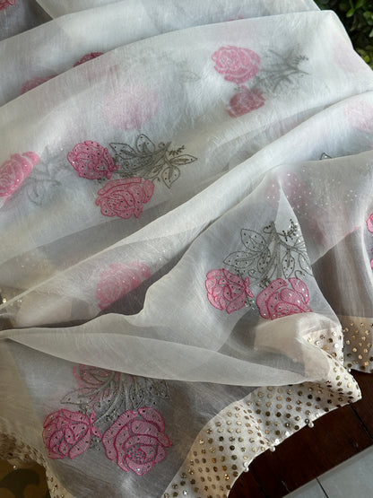 White & Pink Noor Organza Rose Motif Chikankari Dupatta