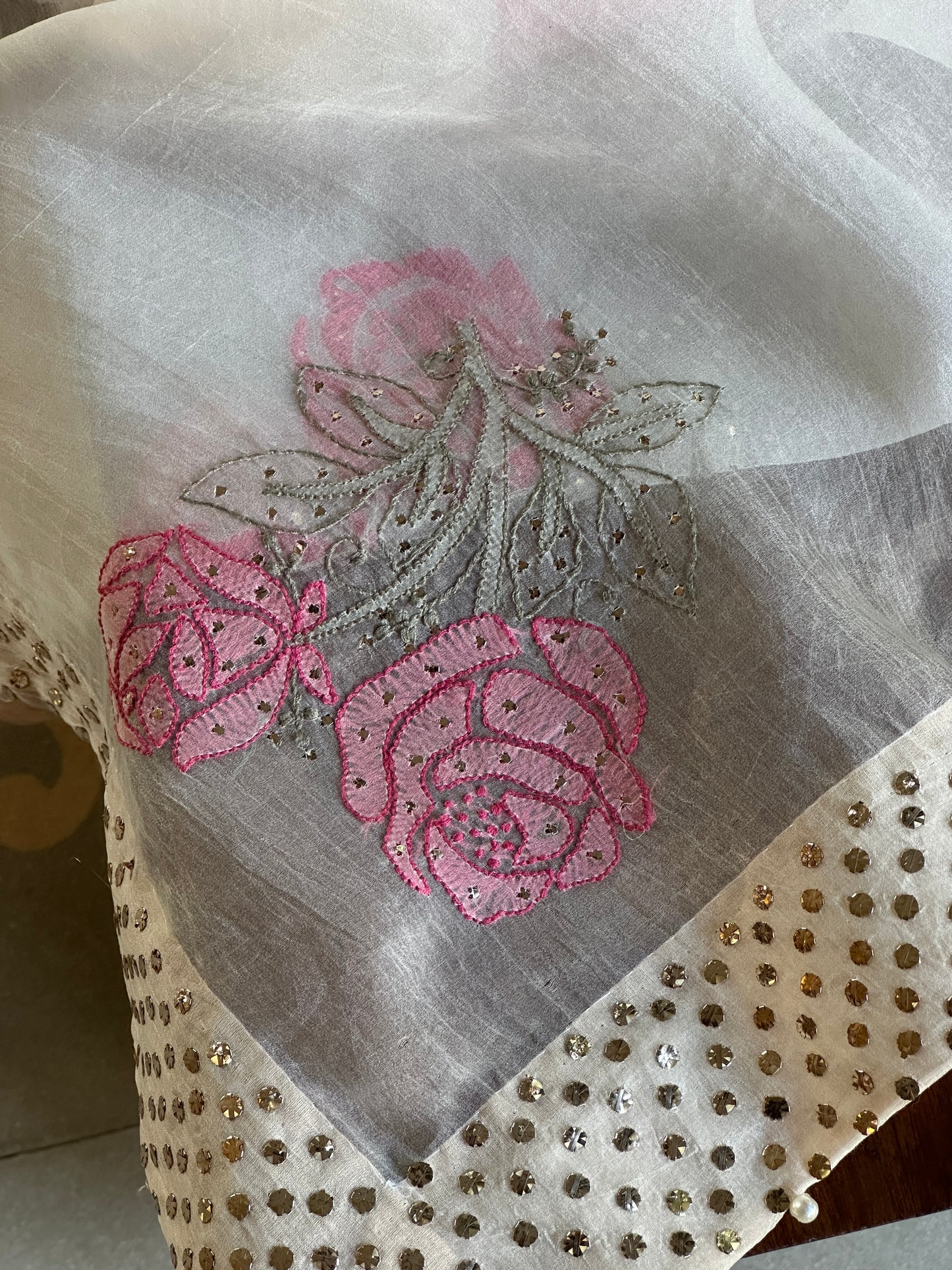 White & Pink Noor Organza Rose Motif Chikankari Dupatta