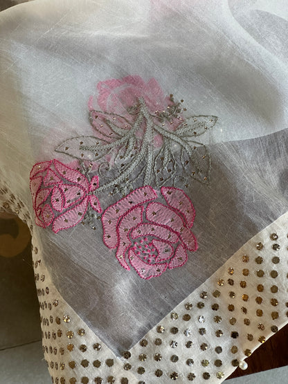 White & Pink Noor Organza Rose Motif Chikankari Dupatta