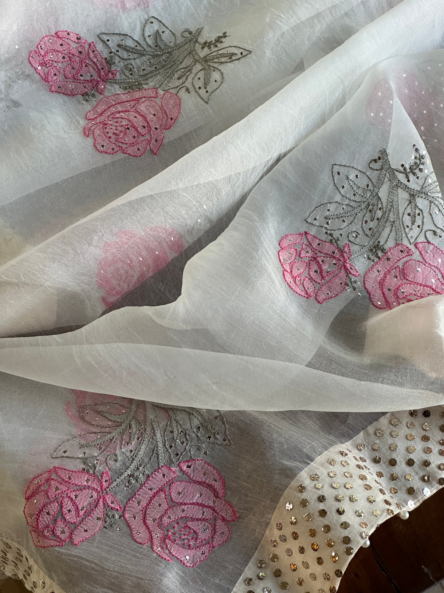 White & Pink Noor Organza Rose Motif Chikankari Dupatta