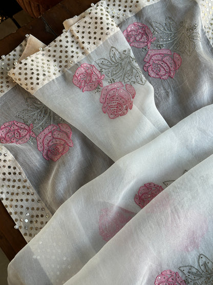 White & Pink Noor Organza Rose Motif Chikankari Dupatta