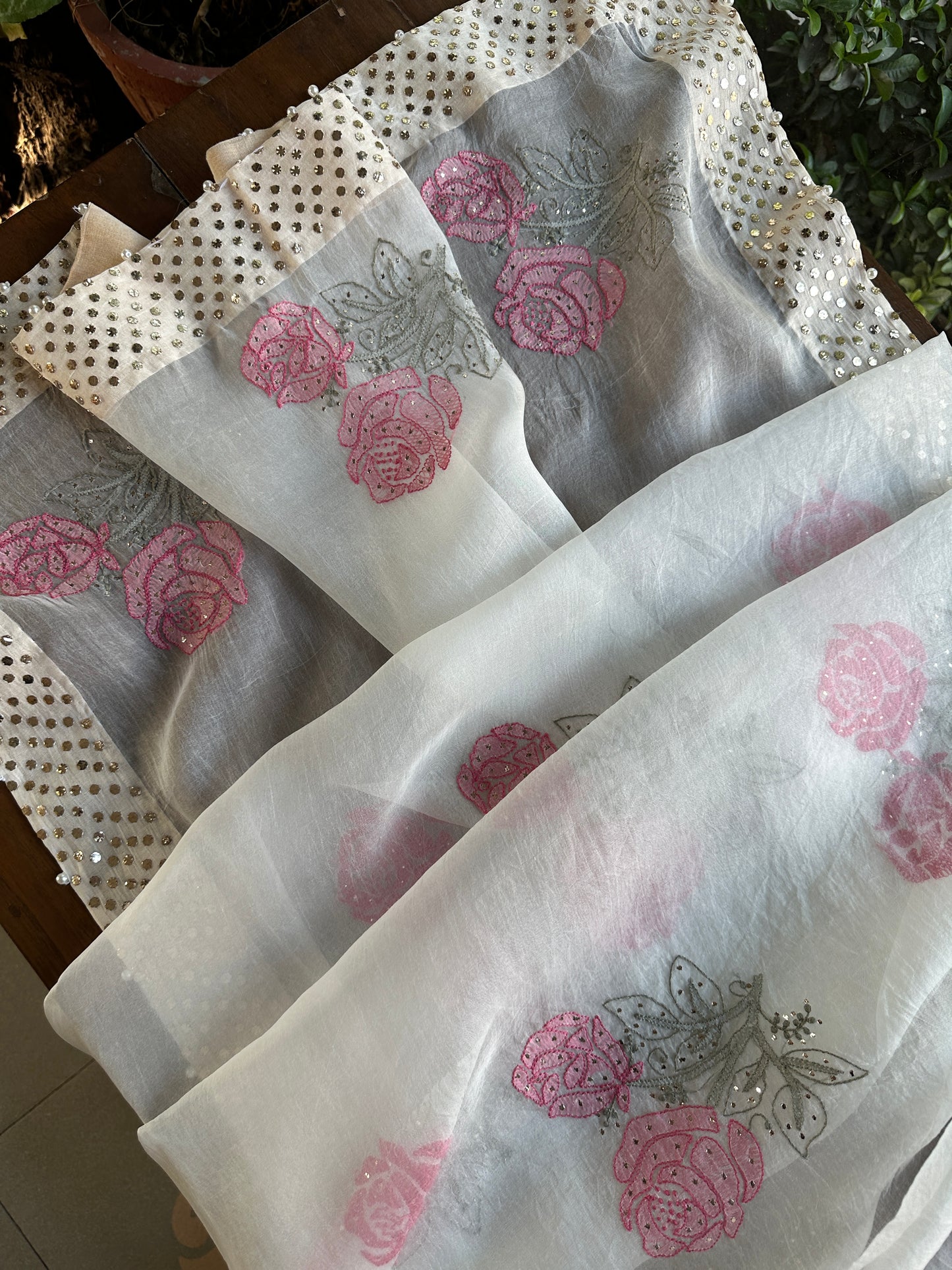 White & Pink Noor Organza Rose Motif Chikankari Dupatta