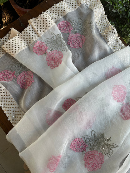 White & Pink Noor Organza Rose Motif Chikankari Dupatta