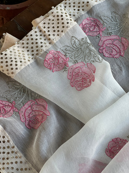 White & Pink Noor Organza Rose Motif Chikankari Dupatta