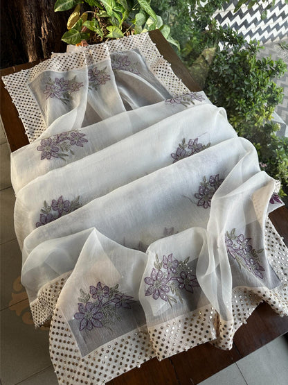 White & Purple Noor Organza Floral Motif Chikankari Dupatta