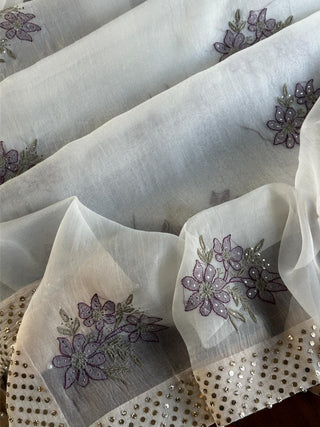 White & Purple Noor Organza Floral Motif Chikankari Dupatta